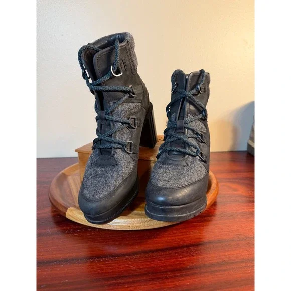 Sorel Cate Lace Black Felt Waterproof Leather Block Heel Ankle Boots NL3695-010