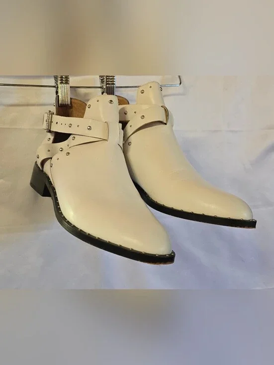 Halogen Hailey White Leather Studded Cut-Out Ankle Booties