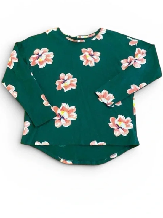 Old Navy Softest Tee Girls XL 14 Green Pink Floral Long Sleeve High‎ Low Hem