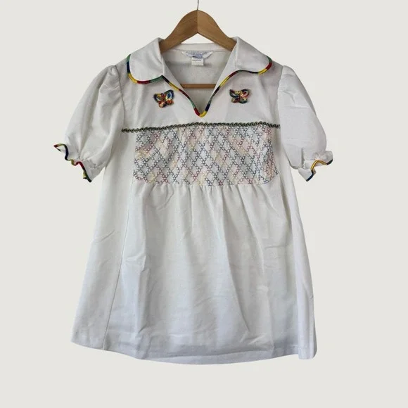 Sears VTG Smocked dress‎ tunic Girls 7/8 White Rainbow Butterfly Retro Kidcore