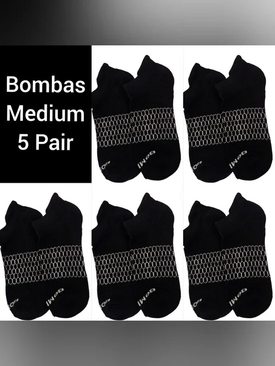 Bombas Medium Ankle Socks Black & White 5 Pair BNWT Unisex Honeycomb Arch Suppor