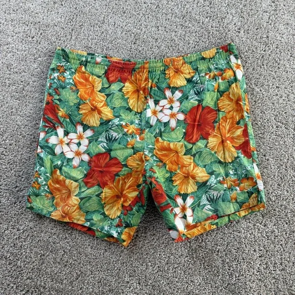 Vintage Hawaiian Shorts Mens Large Tropical Floral Cotton 7 Inseam Summer
