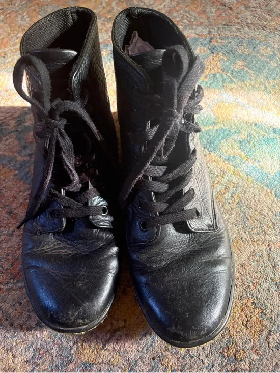 Dr. Martens Black Leather Leyton Ankle Boots with Yellow Stitching