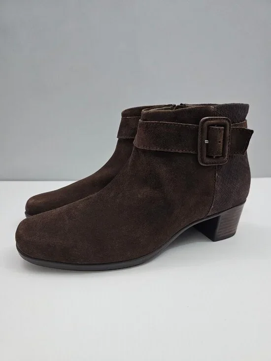 Munro Callie Zip Ankle Boot Womens 8.5 Brown Suede Comfort Low Heel Buckle Strap