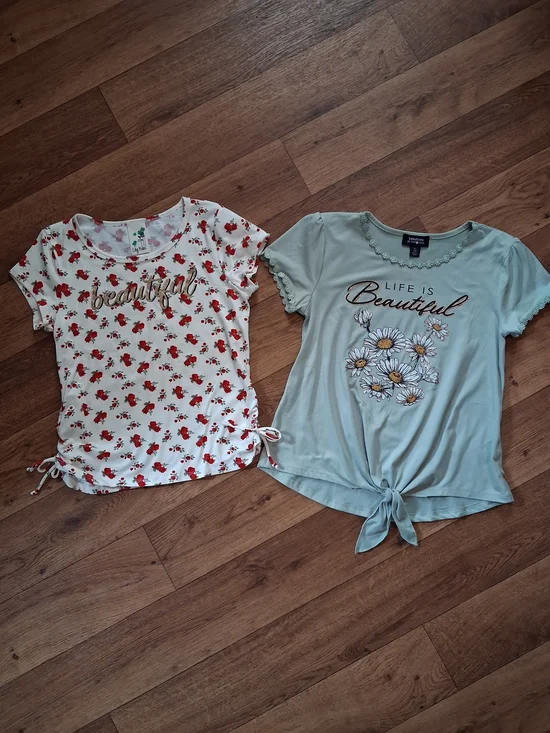 Pair of Floral 'Beautiful' Graphic Tie-Front Tops
