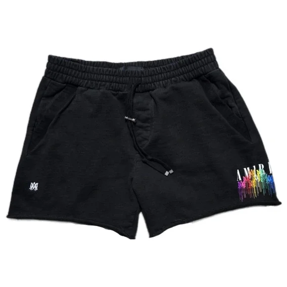 AMIRI Designer Black Multicolor MA Drip Sweat Shorts Mens Large 32 Zip Pockets