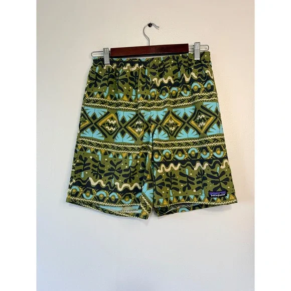 Patagonia Baggies Shorts‎ Mens Small Green Geometric Tribal Print 5 Inch Inseam