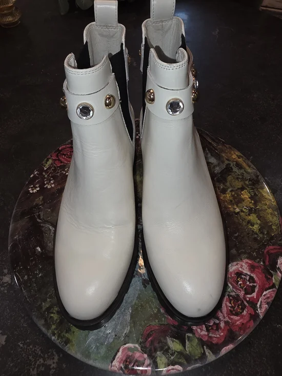 Karl Lagerfeld White Chelsea Ankle Boots with Gold & Crystal Accents