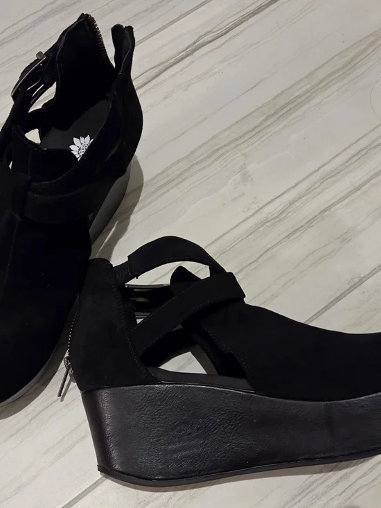Yellow Box Black Wedge Ankle Booties with Strappy Cutouts