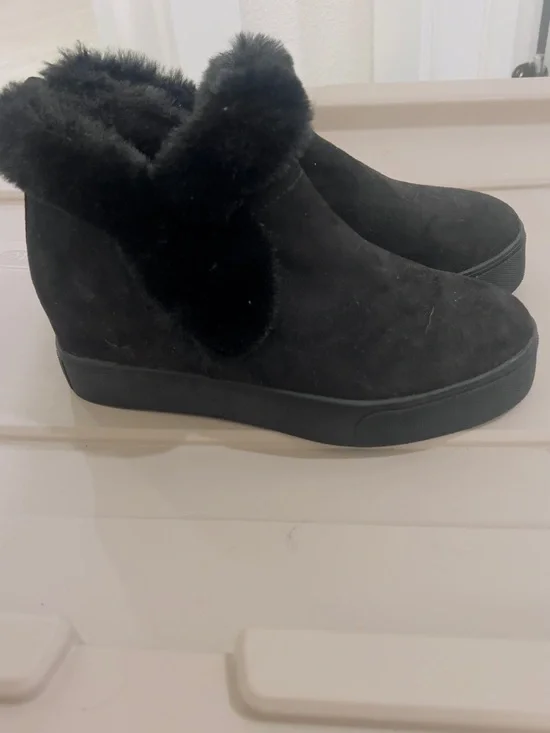 Women's j/slides in Black Faux Fur Lined Suede Slip-On Wedge Sneakers