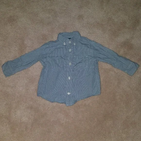 Gymboree Blue White Check Shirt Baby Boy 12-18 Months Button Front 100% Cotton