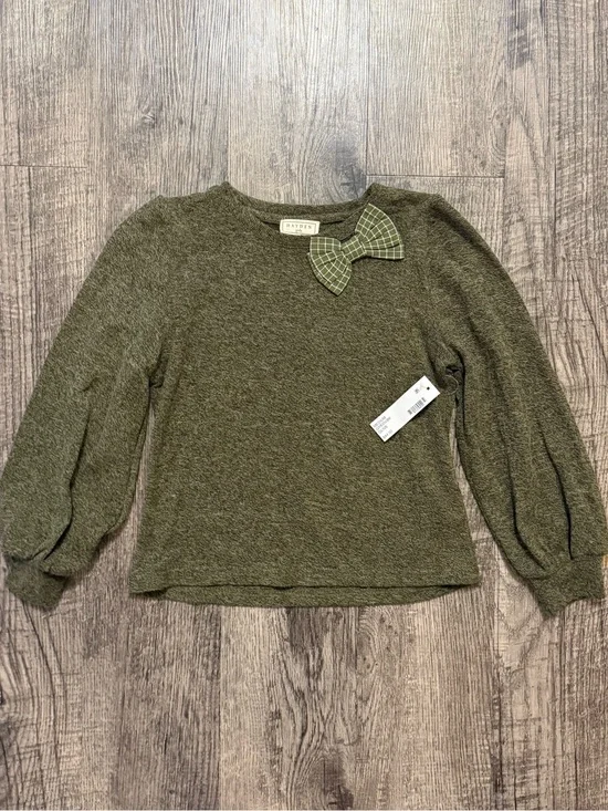 Hayden Girls Olive Green Puff-Sleeve Knit Sweater with Plaid Bow