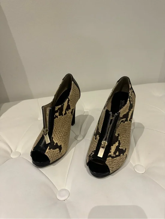 Michael Kors Peep-Toe Snake Print Zip Booties in Tan and Black