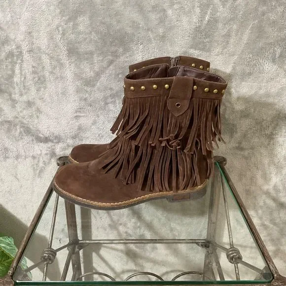 Corky's KATO Ankle Boots Women's size 7 Brown Faux Suede Fringe Studded Bootie
