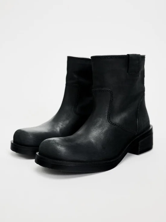 Zara Distressed Effect Leather Biker Ankle Boots NWT