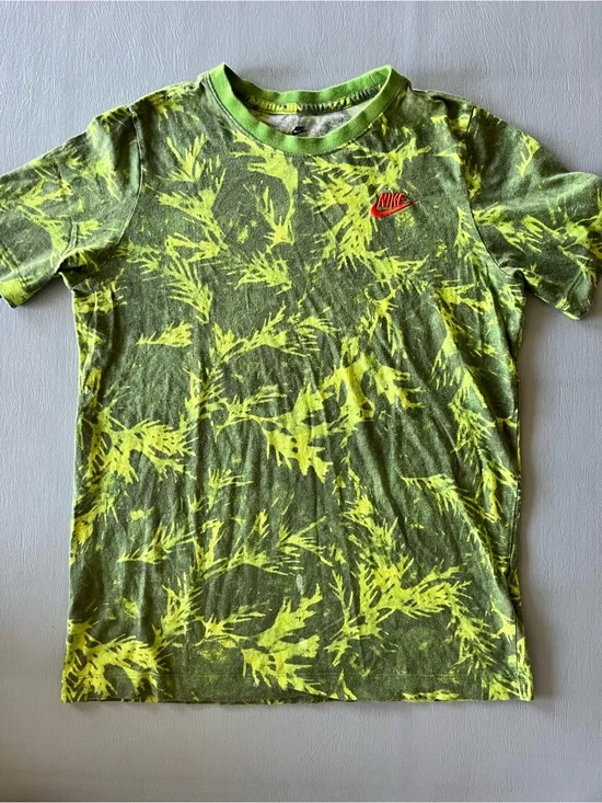 Nike Olive Green & Neon Yellow Botanical Tee with Red Swoosh