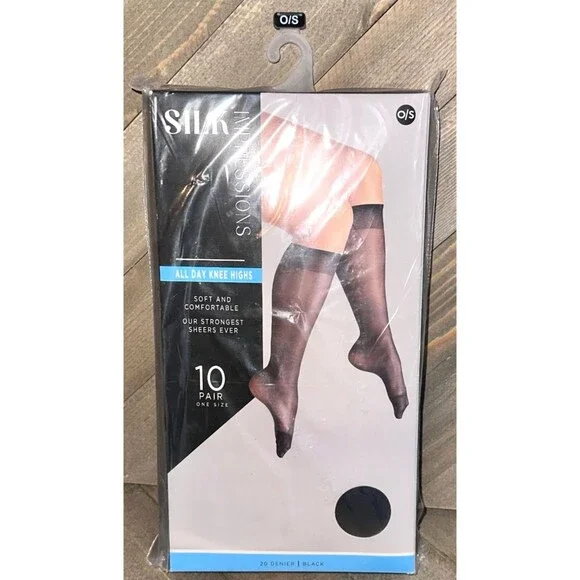 Silk Impressions All Day Knee Highs Stockings 10 Pair One Size Sheer Black NEW
