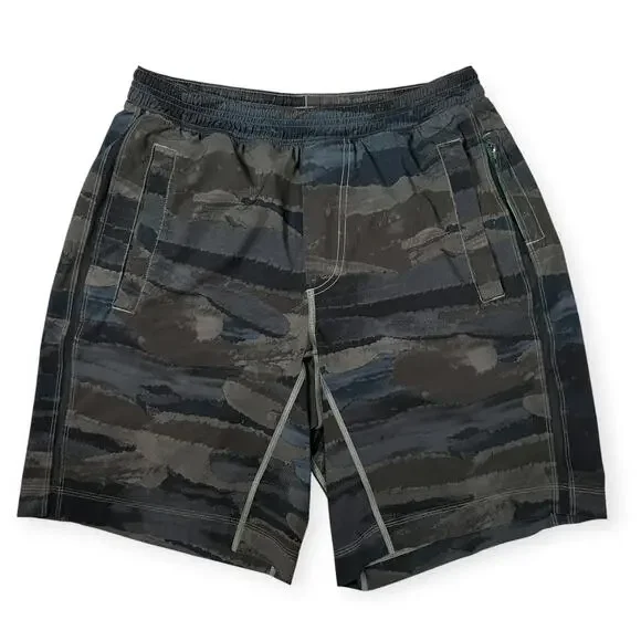 Lululemon Run Response 9 Shorts Mens M Gray Blue Camo Lined Running FLAW