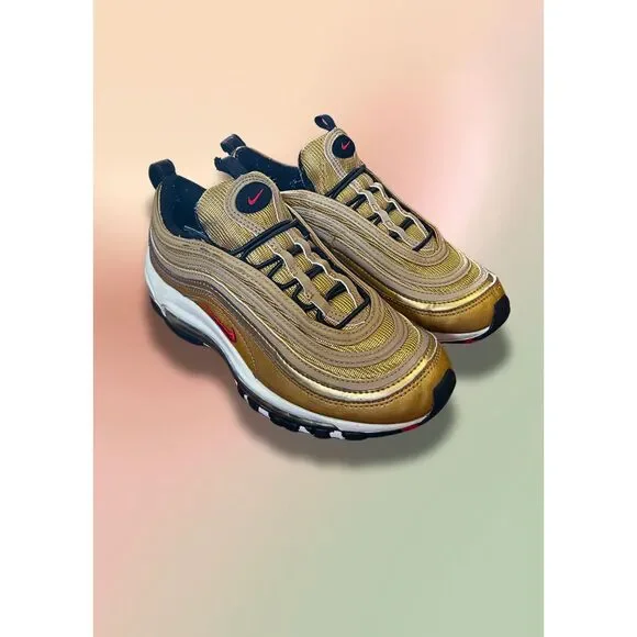 Nike Air Max 97 GS Metallic Gold University Red Black 918890-700 Youth Size 4Y