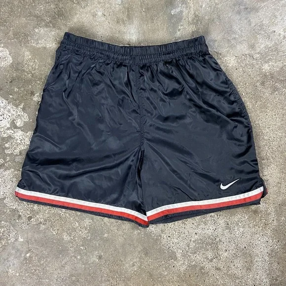 Vintage 90s Nike Nylon Shorts Youth Size Medium Black Drawstring Swoosh Logo