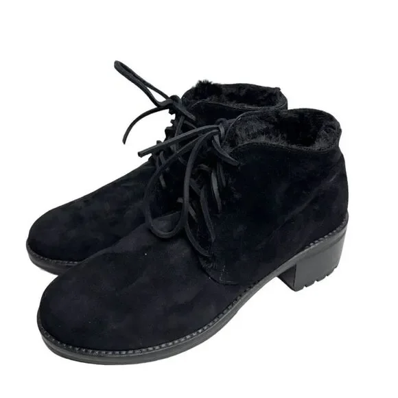 Lavorazione Ankle Booties Womens US 7 Black Leather Shearling Lace Up Block Heel