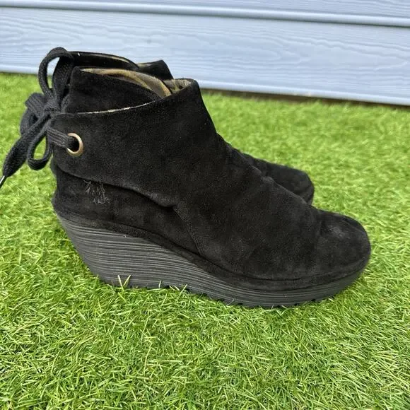 Fly London‎ Boots Yebi Womens Size 10 Black Suede Leather Wedge Booties