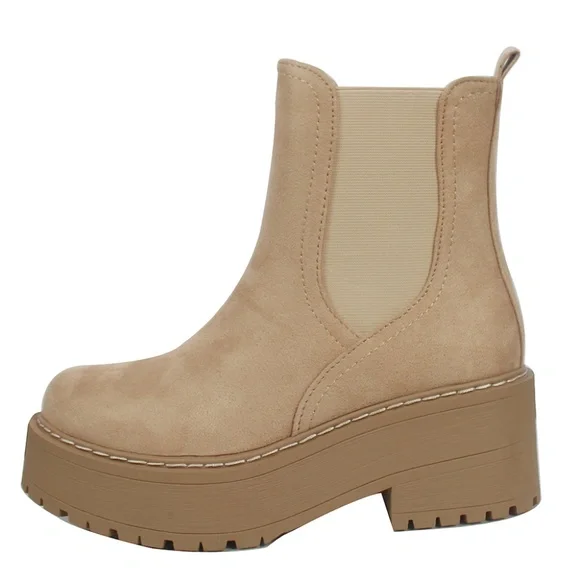 Beige Platform Chelsea Ankle Boots - Women's Suede Booties