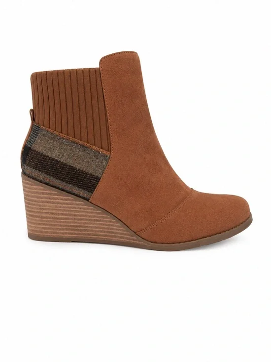 Toms Brown Suede Wedge Ankle Boot with Plaid Knit Back Detail