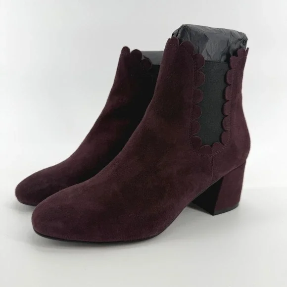 Ava & Aiden Burgundy Suede Scalloped Trim Block Heel Ankle Boots Size 38 Spain