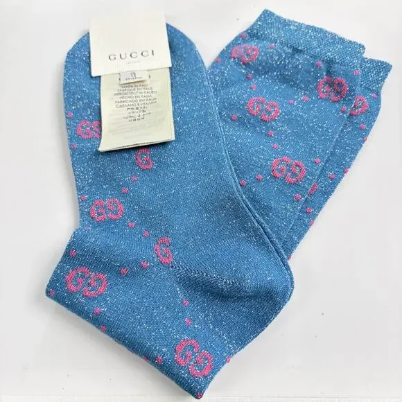 Gucci Blue Pink GG Logo Lurex Socks Size XL New With Tags Authentic Unisex