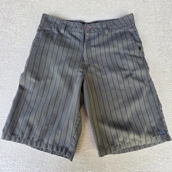 O'Neill Shorts Mens 33 Gray black striped Chino‎ Shorts Flat Front Zip Fly Surf