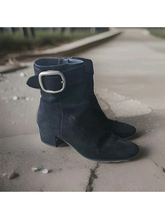 Coach Black Suede Ankle Boots with Side Zipper N Buckle Accent 9.5