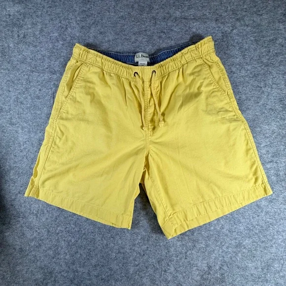 LL Bean Mens Classic Fit Cotton Shorts Yellow Elastic Waist 506801 Large Reg 7in