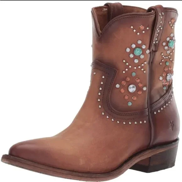 Frye Billy Stone Short Studded Cognac Boots