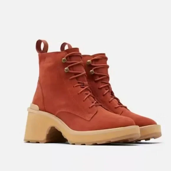 NEW Sorel Hi-Line Wedge Lug Heel Boot Lace Warp Red Tawny Buff Size 9 Size 10