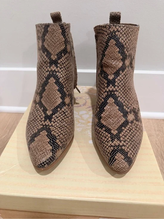 Very G Tan and Black Snake-Print Ankle Booties