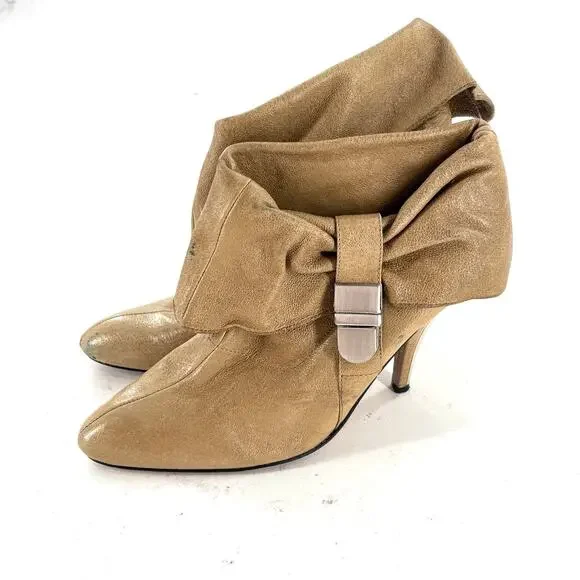 Dolce Vita Foldover Leather Booties 8.5 Tan Ankle Boots Heel Buckle Retro Glam