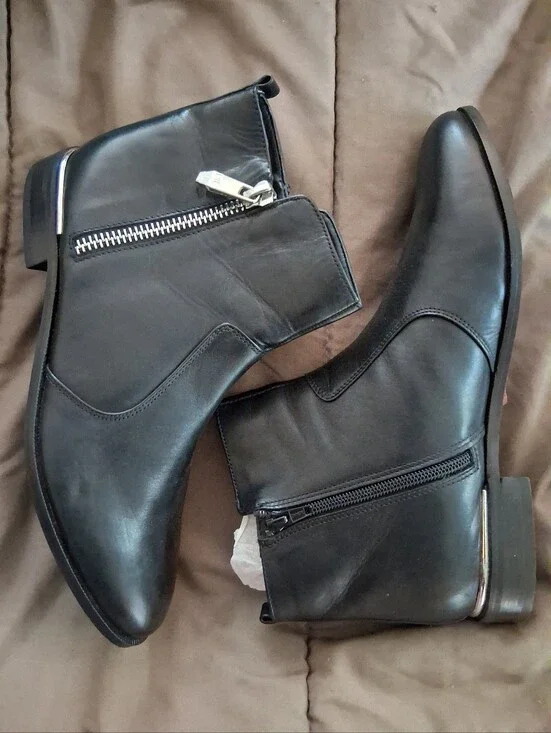 Women's Black Leather Ankle Booties with Side Zipper and Metallic Heel Trim