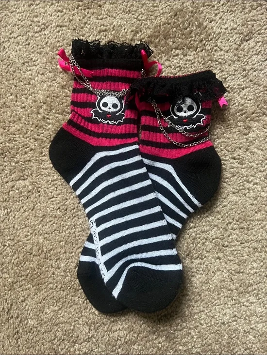 Hot Topic Black & Hot Pink Striped Skull Lace Chain Socks