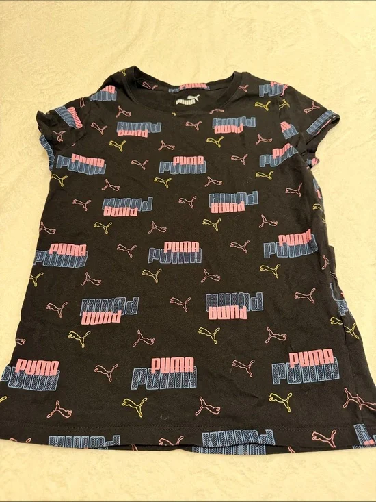 Puma Black Short-Sleeve Kids Pajama Top with Multi Logo Print