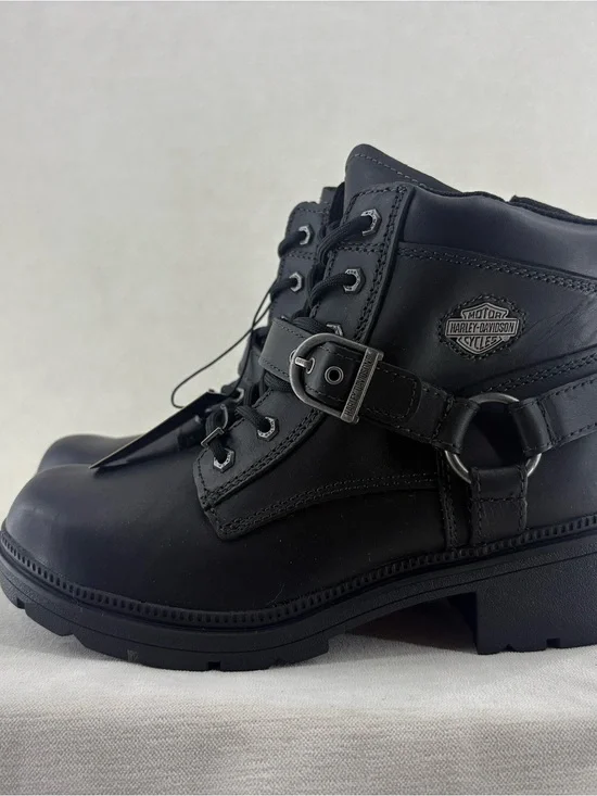 Harley-Davidson Black Lace-Up Leather Buckle Boots