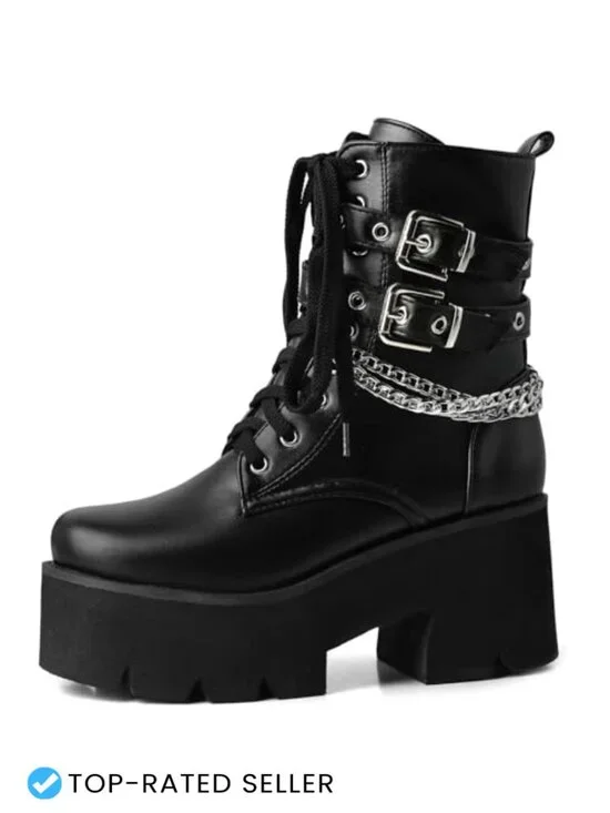 Chunky Platform Gothic Ankle Boots Lace Up Chain High Heel Combat Boots