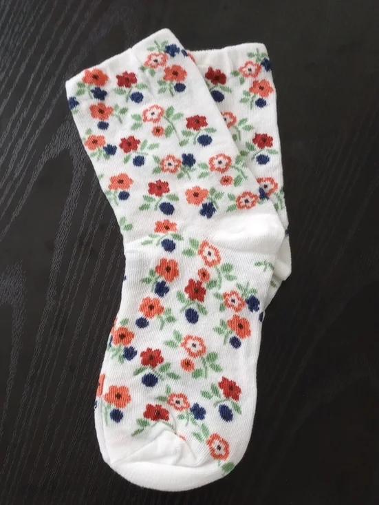 White Ditsy Floral Crew Socks with Coral, Navy & Green Floral Print