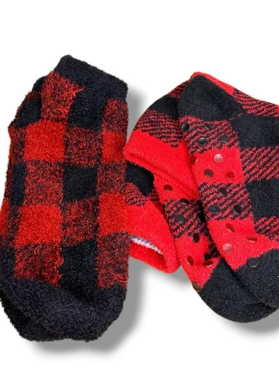 Lot Of 2 Red And Black Plaid Fuzzy Socks Womens Cozy Flannel Print Grips