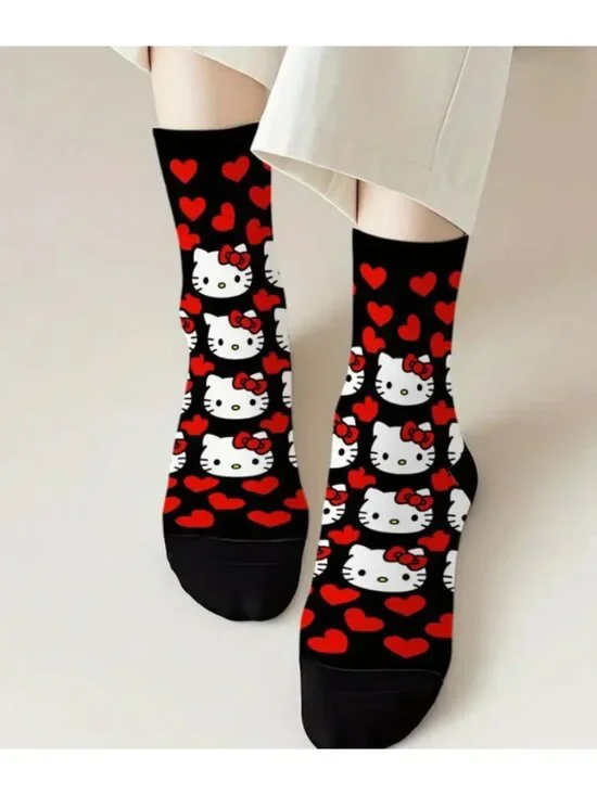 Hello Kitty & Red Hearts Mid-Calf Socks Cute Cartoon Cat Design One Size