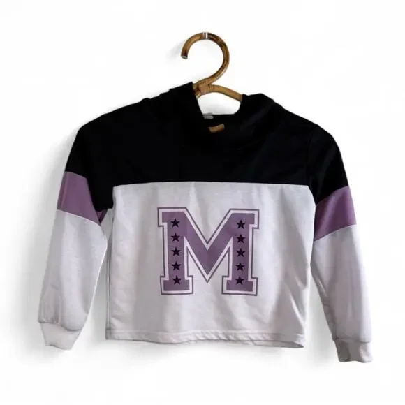 Girls Black & White Color-Block Hoodie featuring a Purple 