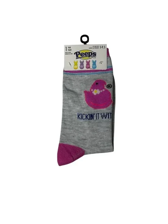 Peeps Pink Chick Crew Socks Womens Novelty Easter Gray One Size NWT