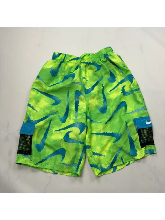 Nike Cargo Shorts Green Blue Swoosh Pockets Swim Trunks - Boys XL