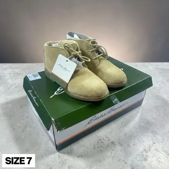 NEW Eddie Bauer Tan Suede Ankle Boot Lace Up Faux Shearling Lining Womens Size 7