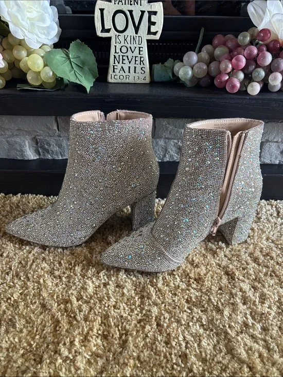 Rhinestone Embellished Nude Ankle Booties - Women's